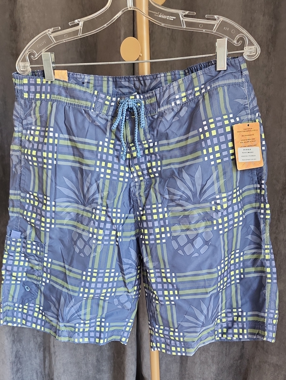 Men's Navy & Lime Plaid Pineapple Swim Board Shorts
